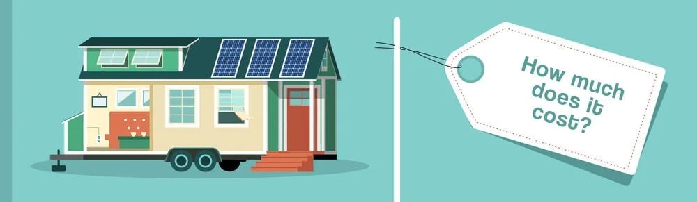Tiny house on wheels with solar panels beside a tag asking, “How much does it cost?”