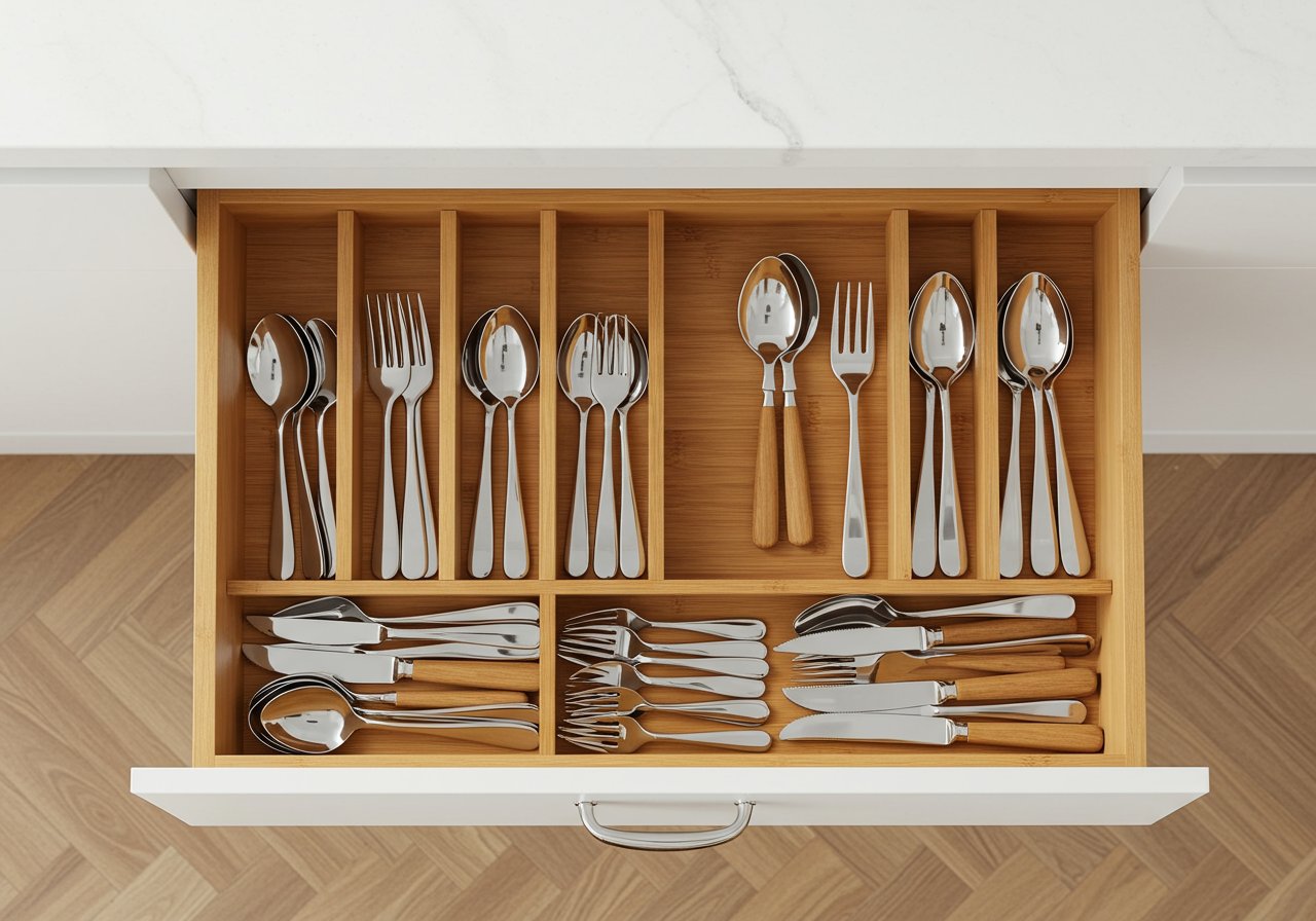 silverware in a drawer in a silverware divider