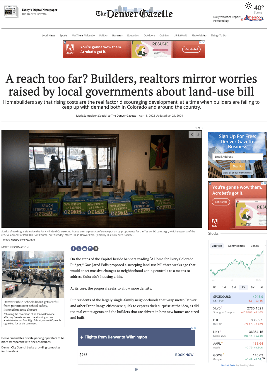 Denver Gazette | A reach too far? Builders, realtors mirror worries raised by local governments about land-use bill Homebuilders say that rising costs are the real factor discouraging development, at a time when builders are failing to keep up with demand both in Colorado and around the country.