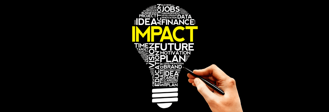 A  lightbulb graphic made up of a variety of words, with the word "IMPACT" prominently highlighted in yellow at the center.
