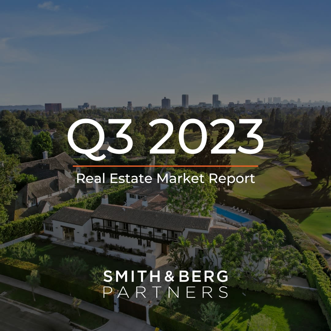  The cover of a "Real Estate Market Report" for "Q3 2023" features an aerial view of a luxurious residential neighborhood with a large house featuring a pool and dark tile roof in the foreground, surrounded by lush green landscaping. 