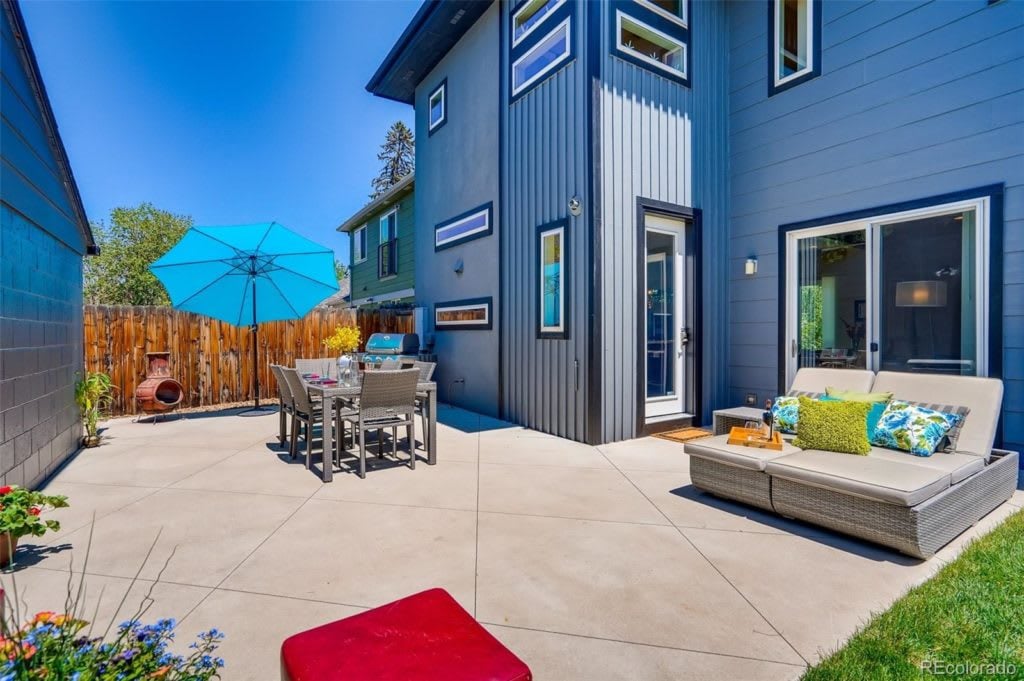 Modern home patio with a blue umbrella, dining set, and cushioned outdoor sofa.