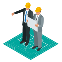 Two contractors review plans together on an architectural blueprint.