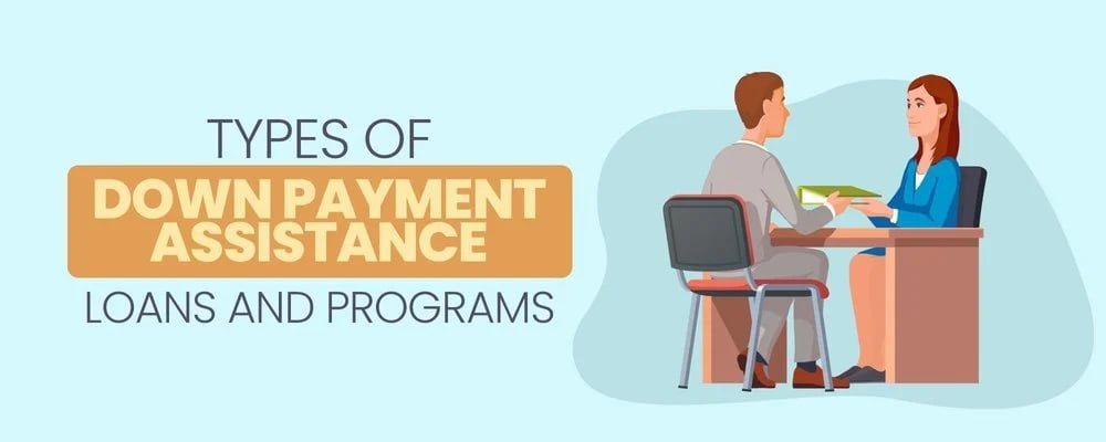 Down payment assistance programs graphic with a man meeting an advisor at a desk.