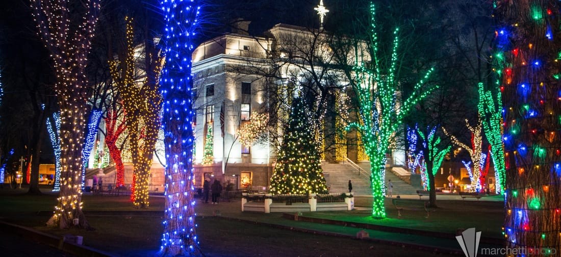 Prescott, Arizona courthouse plaza lit up with holiday lights during the annual Christmas lighting ceremony, showcasing the town's festive spirit as Arizona's Christmas City