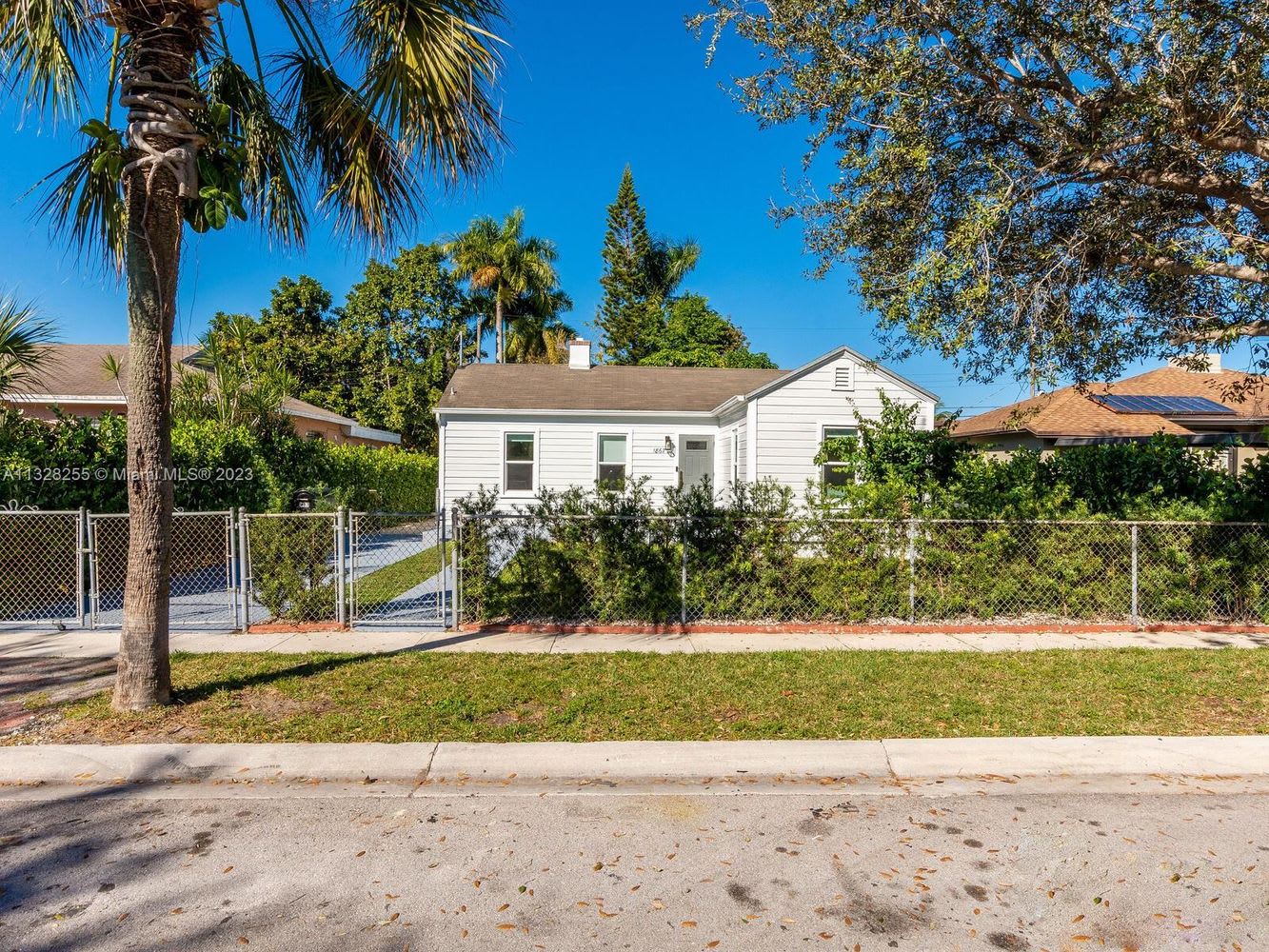 One-story white house behind a chain-link fence, framed by palm trees and a front lawn.