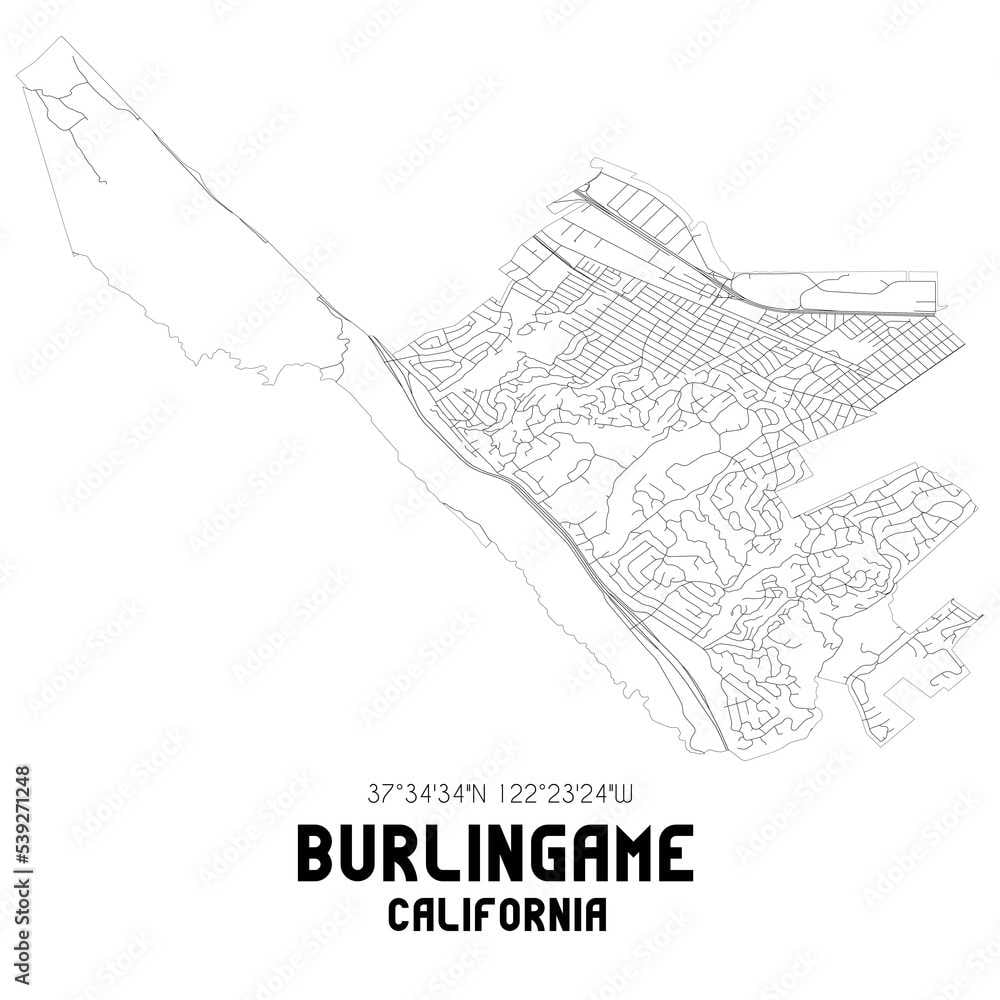 black and white map of burlingame california with the GPS coordinates 