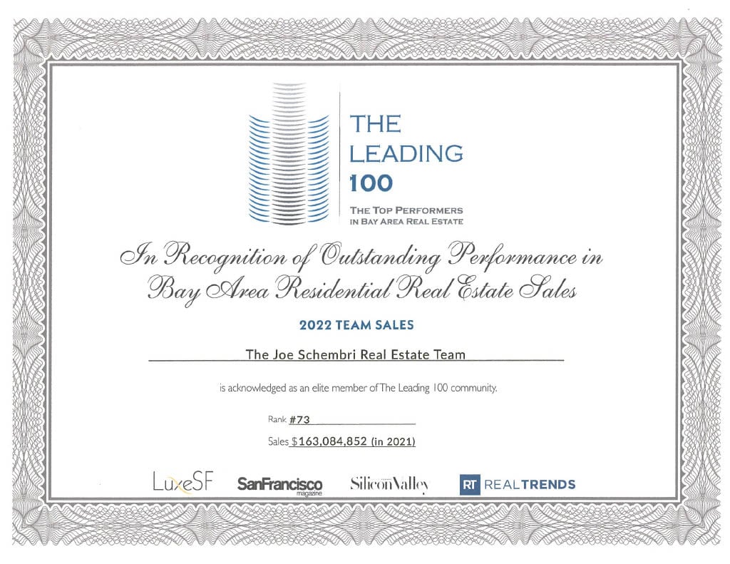  A "THE LEADING 100 THE TOP PERFORMERS IN BAY AREA REAL ESTATE" certificate, acknowledging "The Joe Schembri Real Estate Team" for "Outstanding Performance in Bay Area Residential Real Estate Sales" for "2022 TEAM SALES".