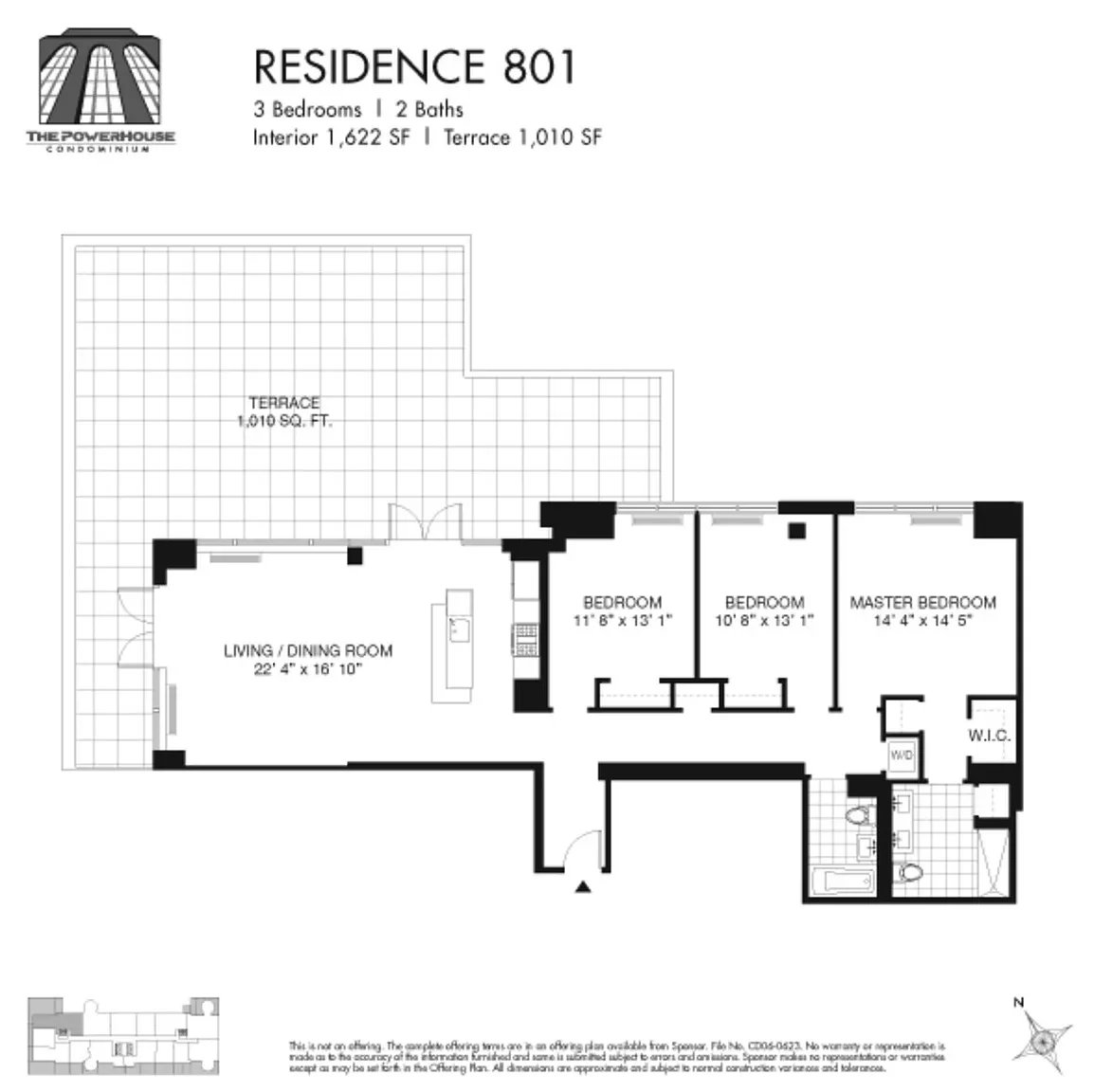 Floor plan for Residence 801, a three-bedroom condo with a large terrace.