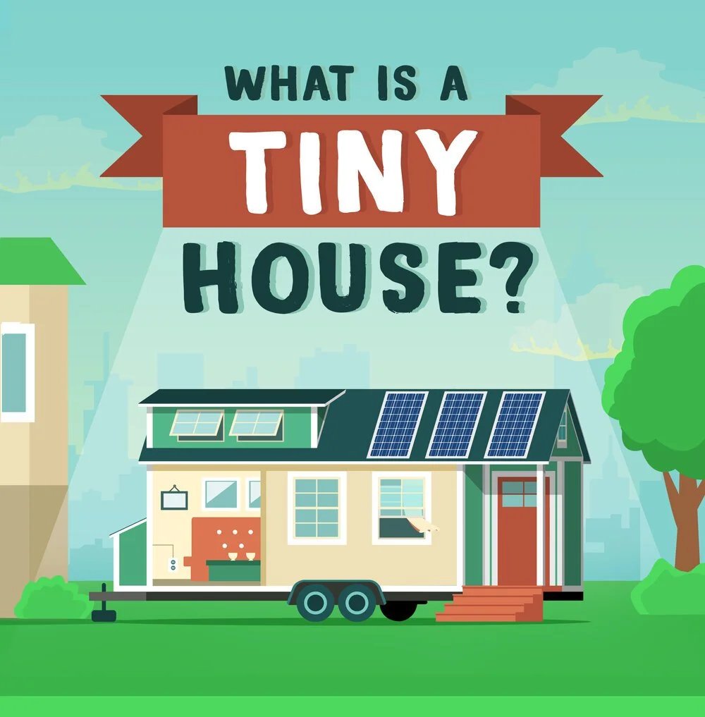 Illustration explaining tiny houses, with a solar-powered home on wheels.