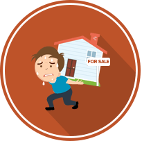 A worried homeowner carries a house marked “For Sale.”