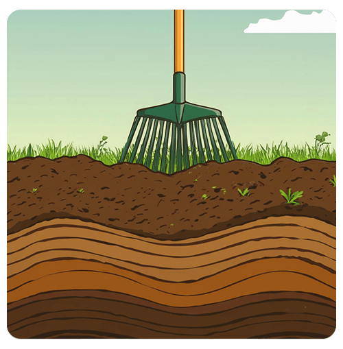 Illustration of a garden rake in soil above layered earth, with grass along the surface.