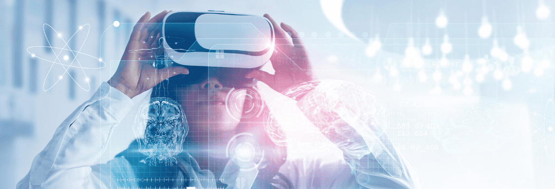 A person wearing a virtual reality (VR) headset, surrounded by futuristic digital elements. 