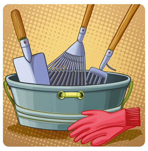 Garden cleanup tub with a shovel, rake, hand cultivator, and red gloves.
