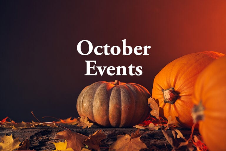 October Events graphic with pumpkins and fallen autumn leaves.