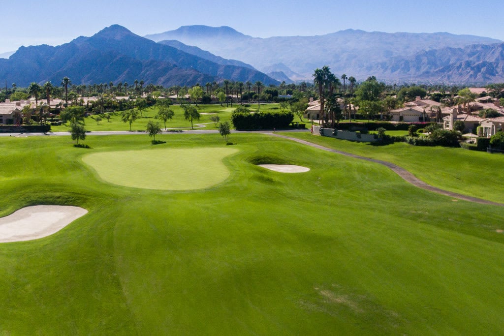 An aerial view of a golf course at Rancho La Quinta Country Club in La Quinta, California.