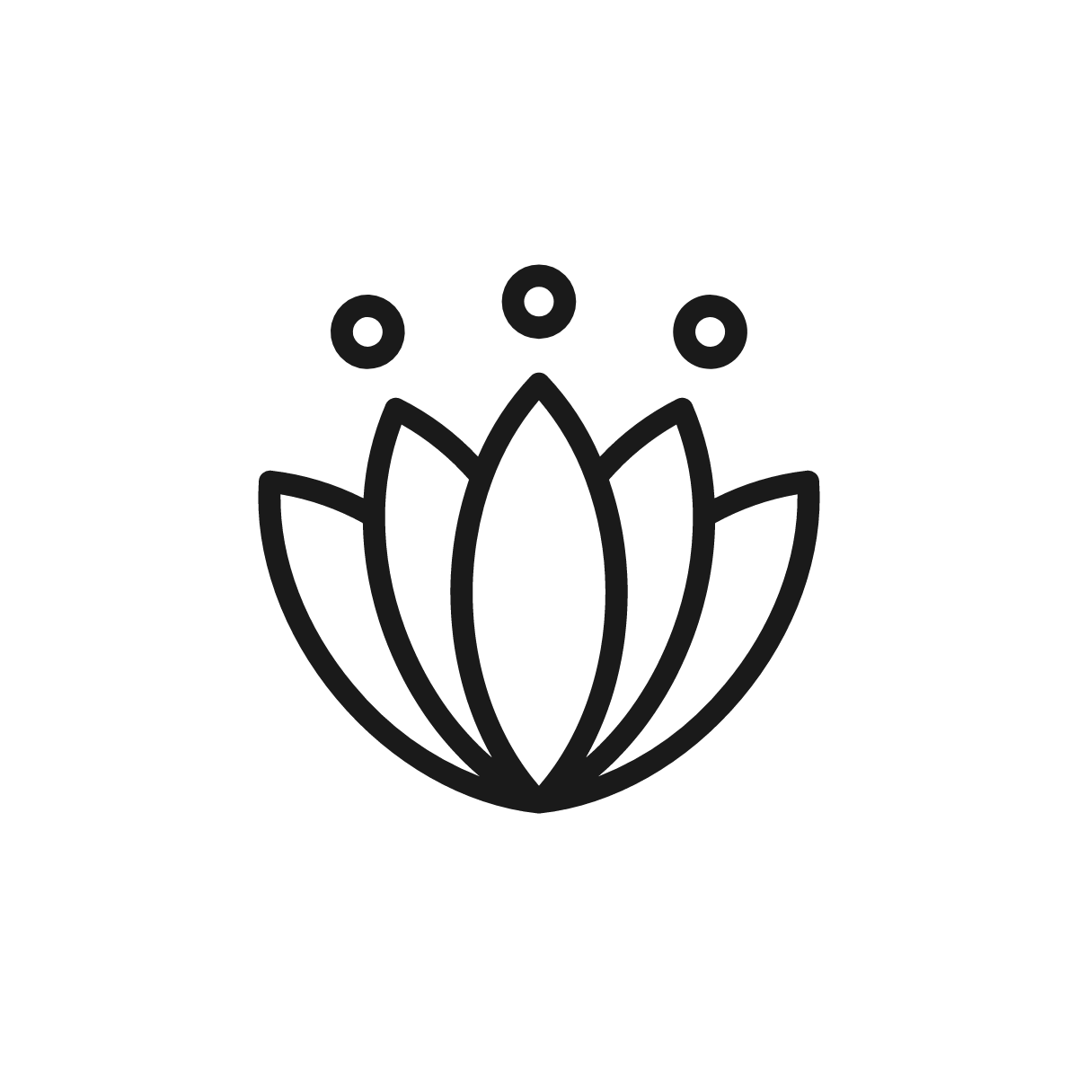 Stylized lotus flower icon with three circles above it.