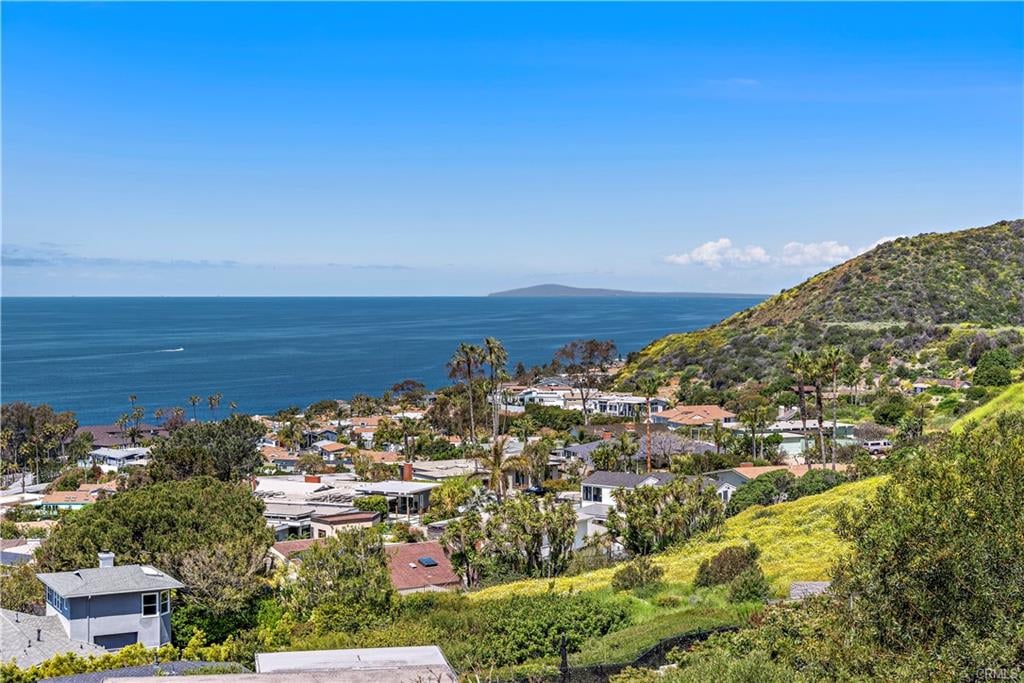 Coastal hillside view over homes and palm trees toward the ocean and a distant island.