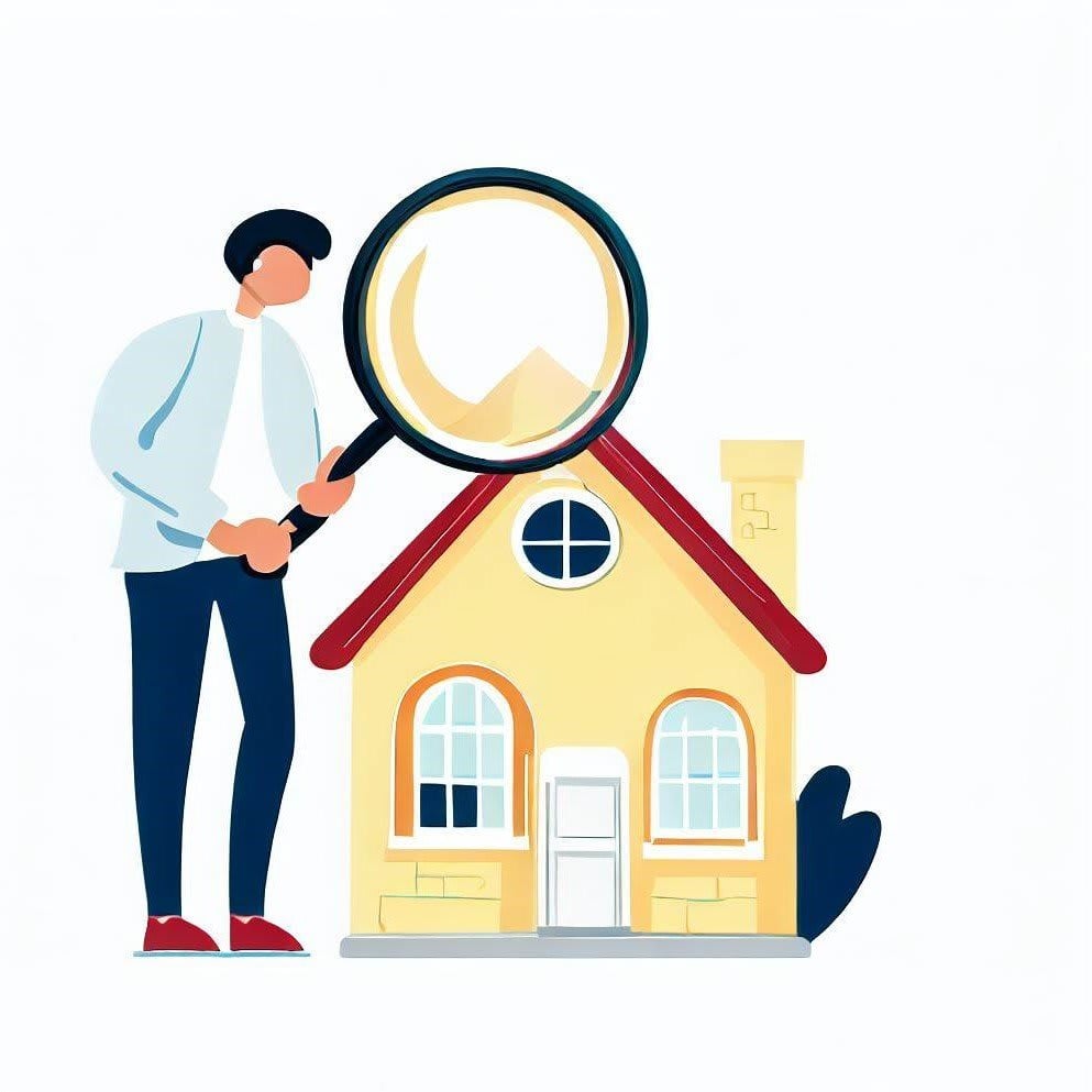 Person examines a yellow house with a magnifying glass.