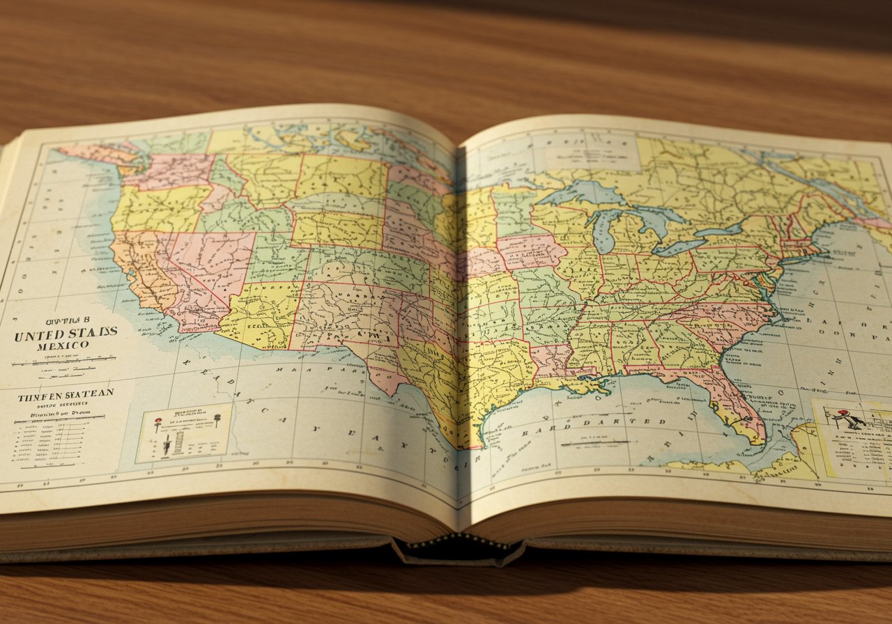 atlas map of the United States opened to a page where you can see the whole country