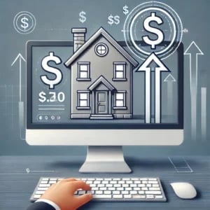Illustration of a house on a computer screen surrounded by dollar signs and rising arrows.