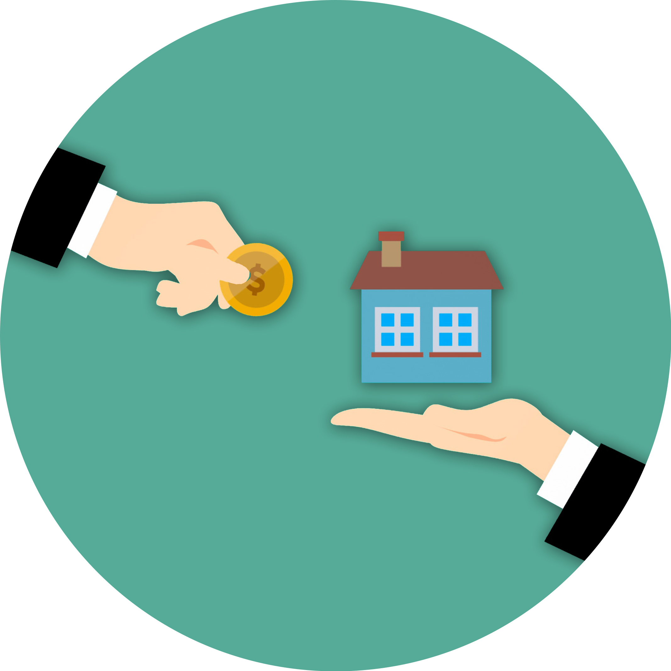Illustration of a house being exchanged for money between two hands.