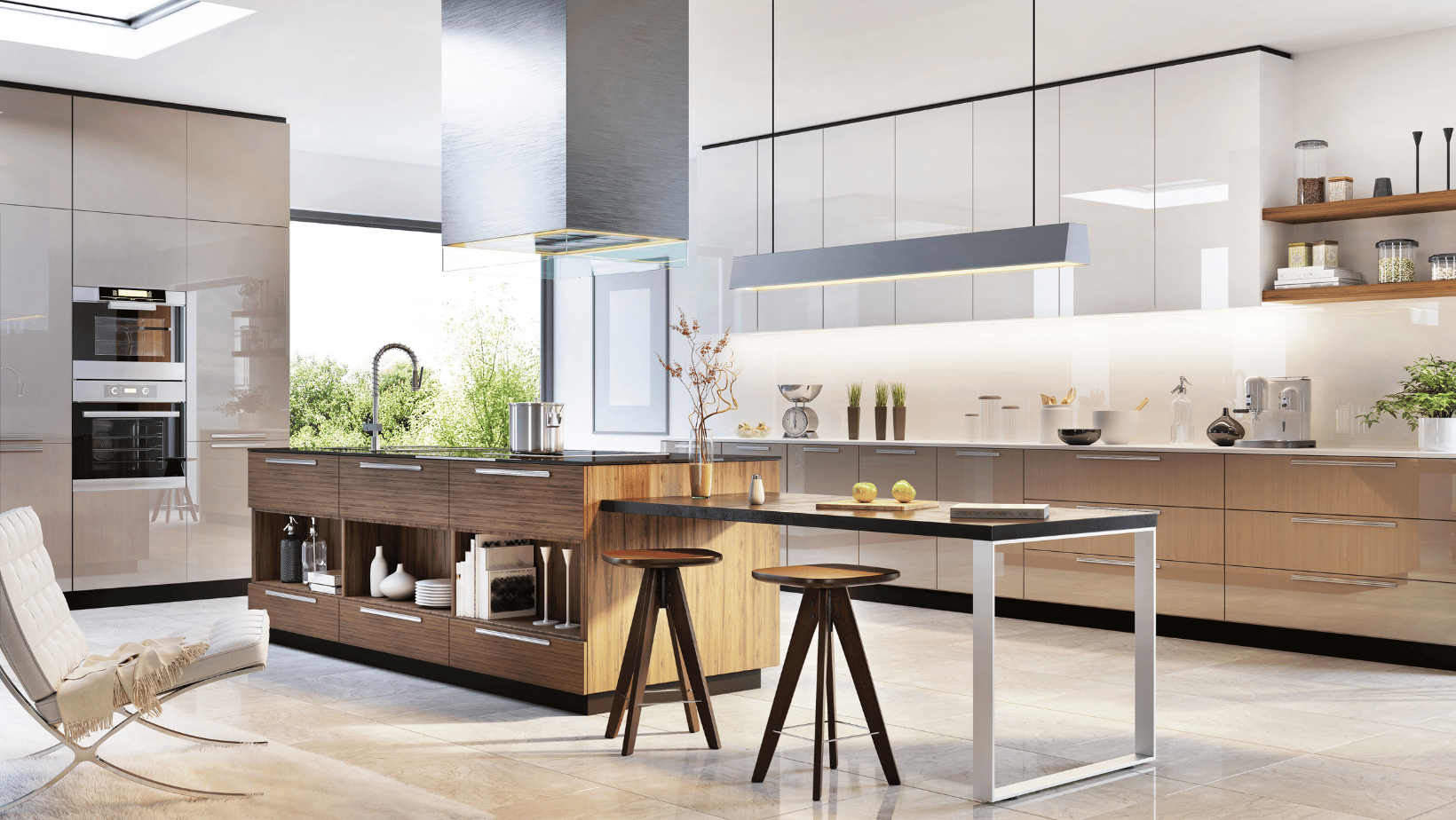 Modern kitchen with warm wood cabinets, a large island, and abundant natural light.