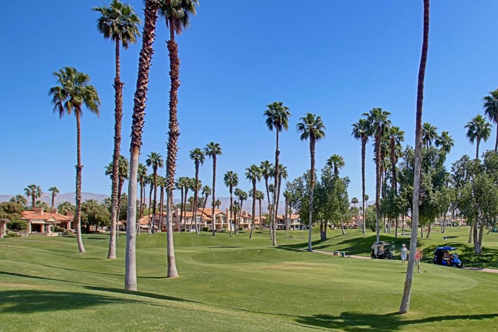 A golf course with a lush green fairway lined with tall palm trees.