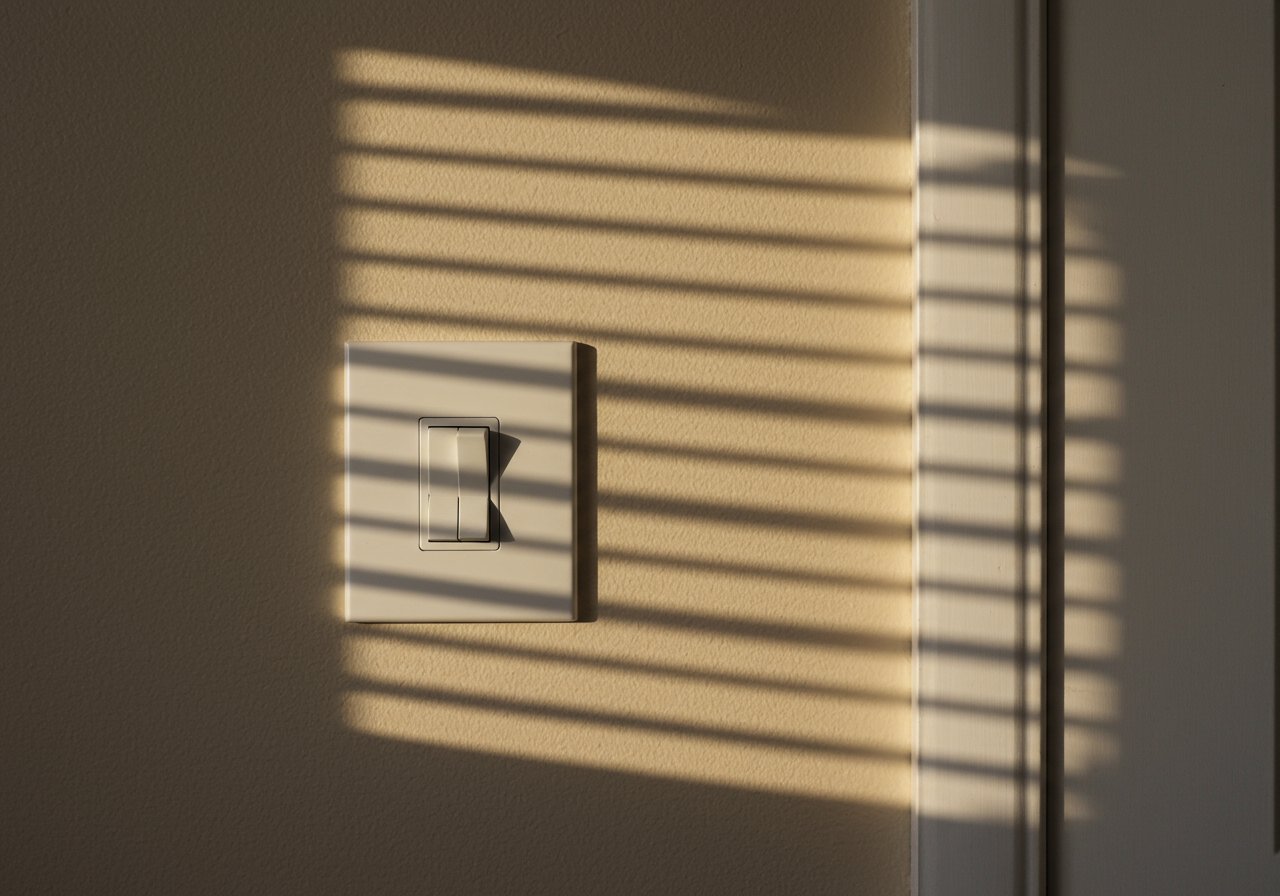Afternoon light and shadows on a light switch inside a house