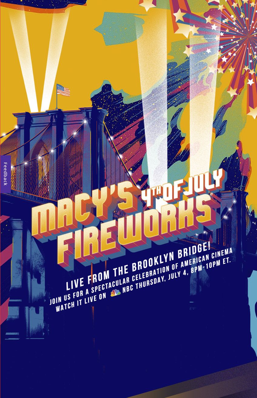 Macy's 4th of July Fireworks poster promoting the Brooklyn Bridge celebration and NBC broadcast.