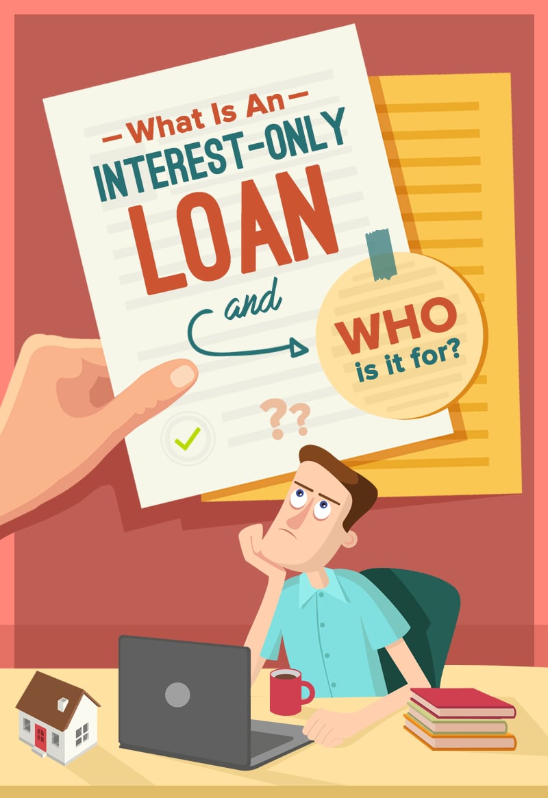 Illustrated man ponders an interest-only loan document at a desk beside a laptop and model house.
