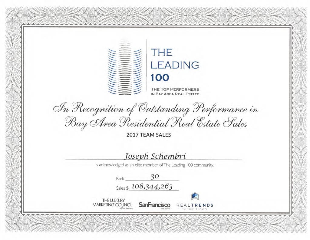  A certificate titled "THE LEADING 100 THE TOP PERFORMERS IN BAY AREA REAL ESTATE" presented "In Recognition of Outstanding Performance in Bay Area Residential Real Estate Sales" for "2017 TEAM SALES". 