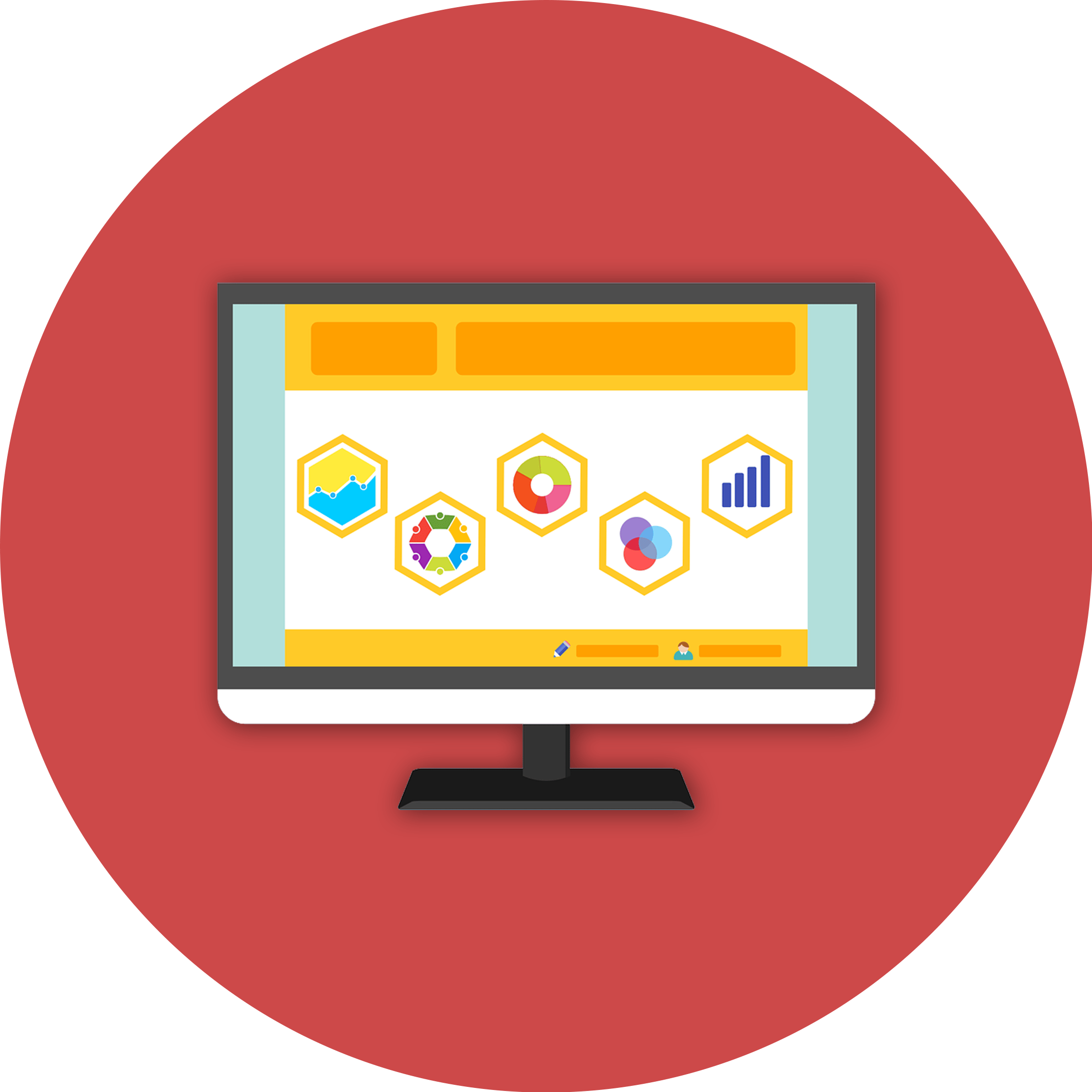 Computer monitor displaying a dashboard of colorful charts and graphs