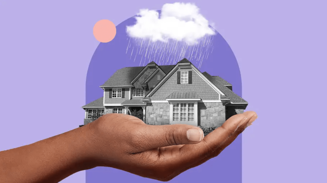 A hand holds a house beneath a rain cloud and sun.