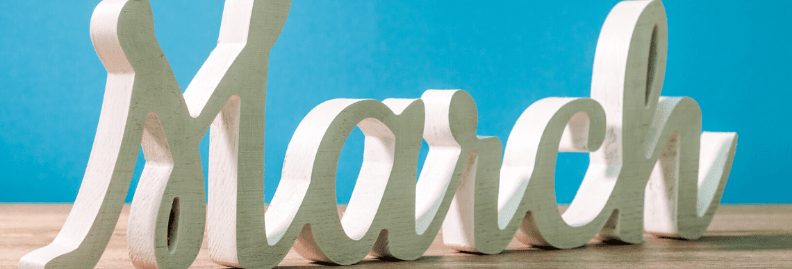 the word "March" presented in a decorative 3D script font. 
