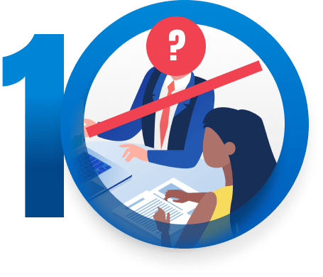 Illustration of a woman reviewing paperwork with a question-mark-headed figure behind her, crossed by a red bar.
