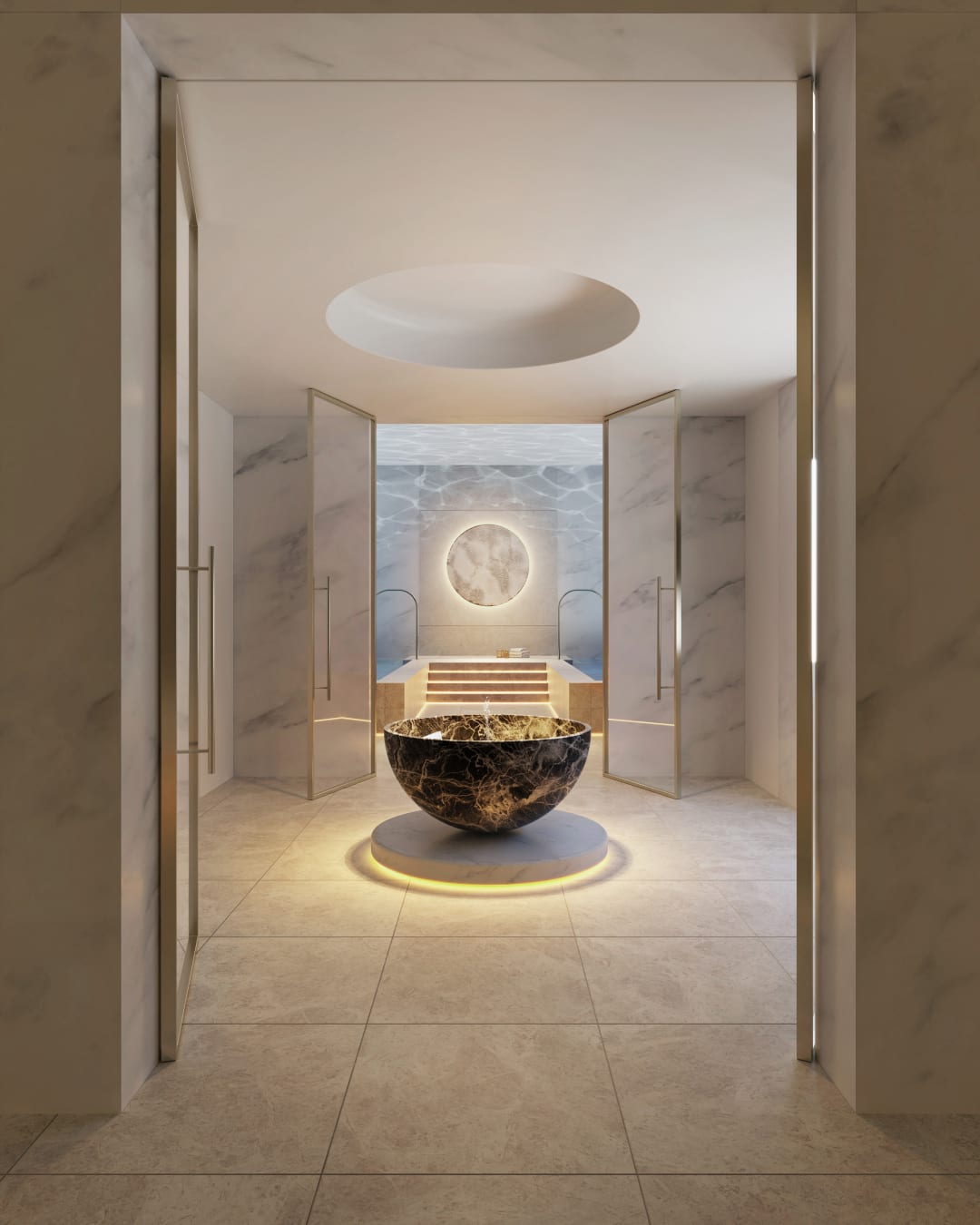 Marble spa with a sculptural dark stone basin, illuminated platform, and pool beyond.