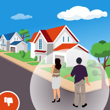 Couple standing on a corner lot beside a house, with a thumbs-down symbol.