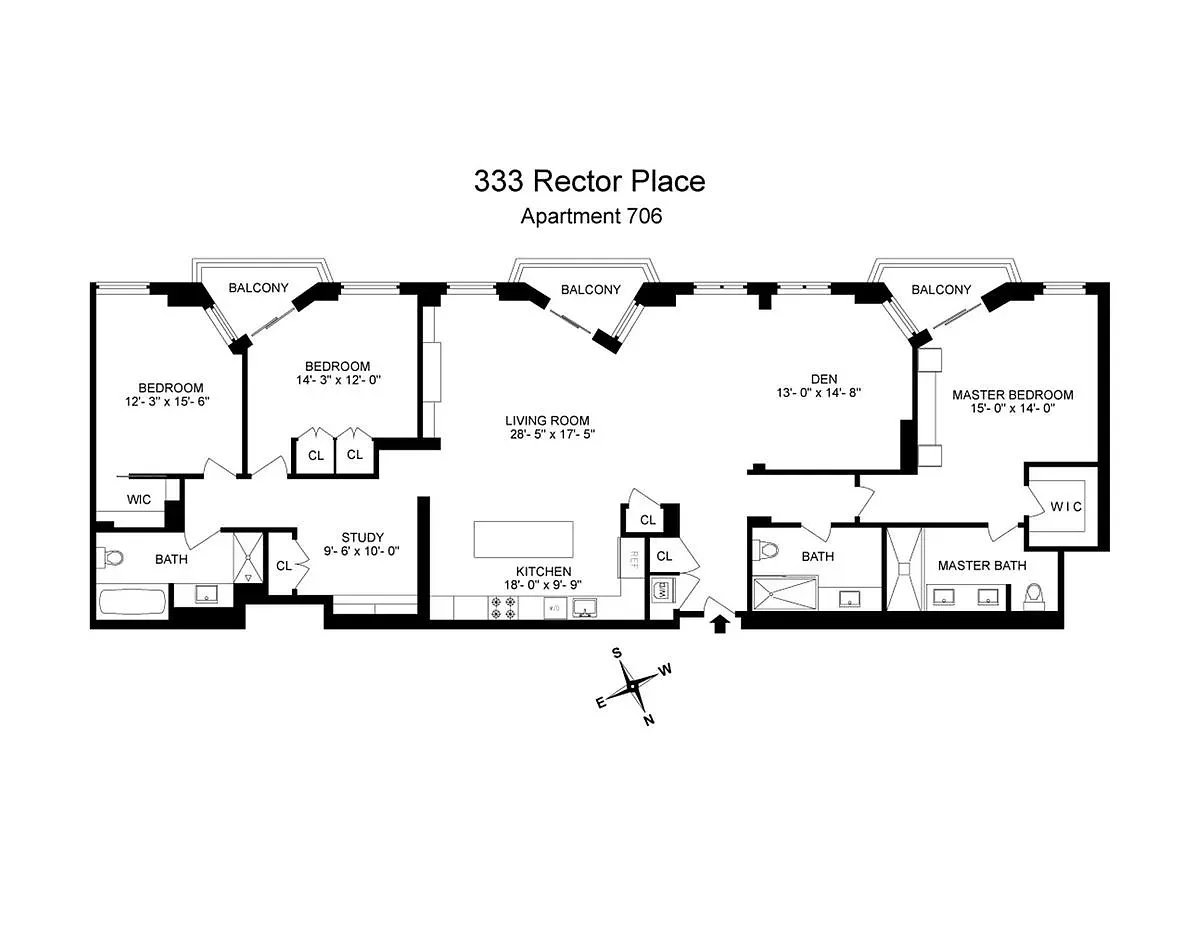 Floor plan for apartment 706 at 333 Rector Place, with three bedrooms, a den, study, and three balconies.
