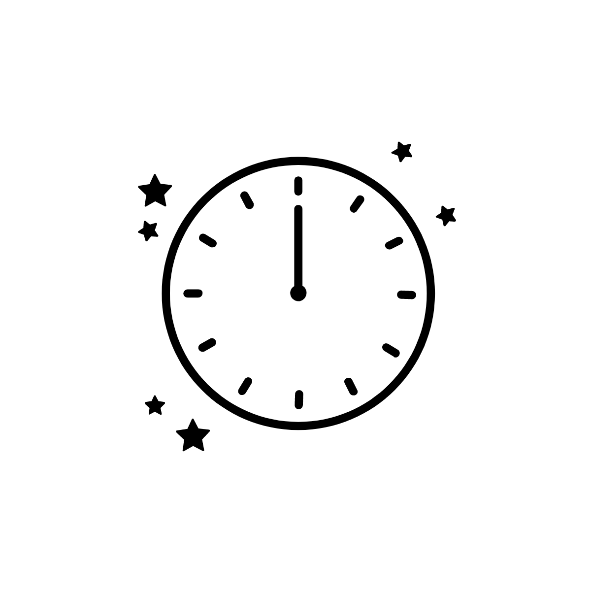 Clock pointing to twelve, surrounded by stars