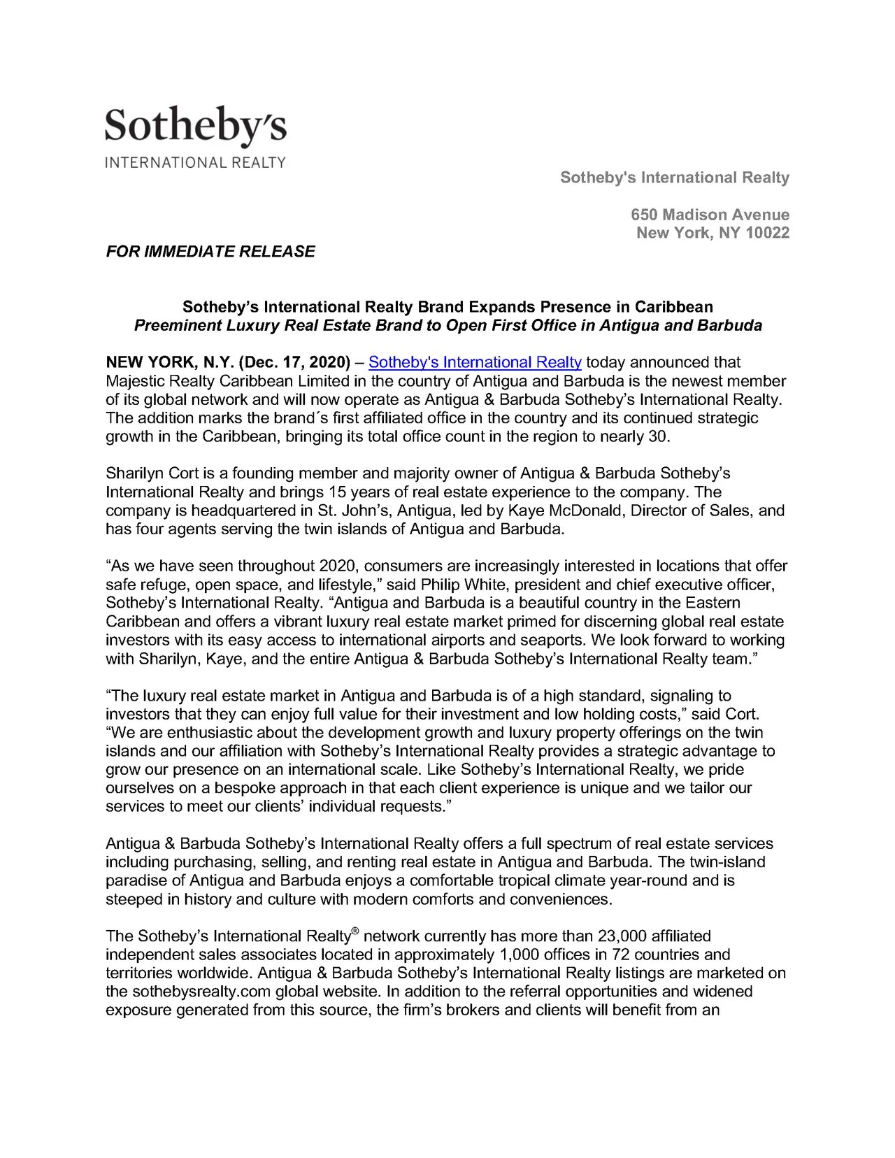 Sotheby’s International Realty Opens First Office in Antigua and Barbuda