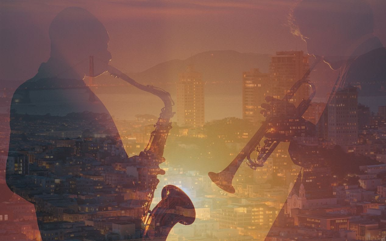 Jazz musicians on saxophone and trumpet