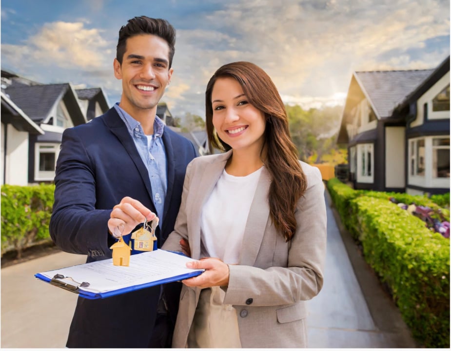 Real estate agent handing house keys to a couple standing outside a home.