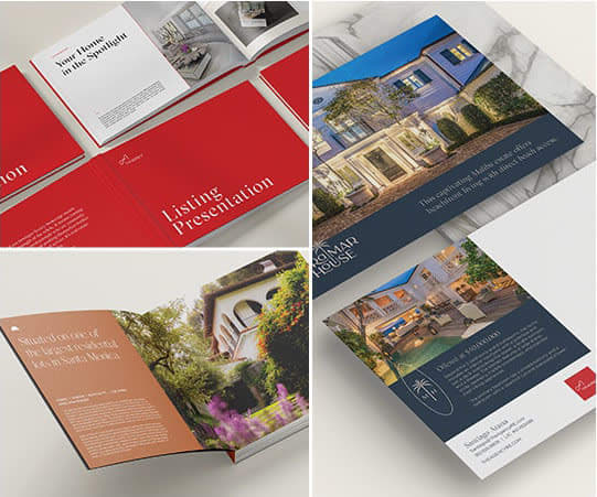  A four-panel collage showcases various pieces of marketing collateral, likely for a real estate or design firm