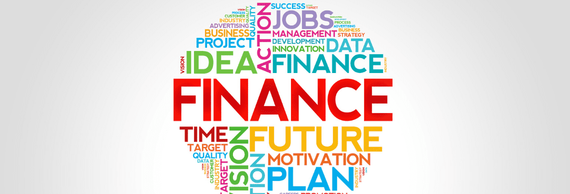 A word cloud centered around the concept of finance, with various related terms forming a circular shape. 