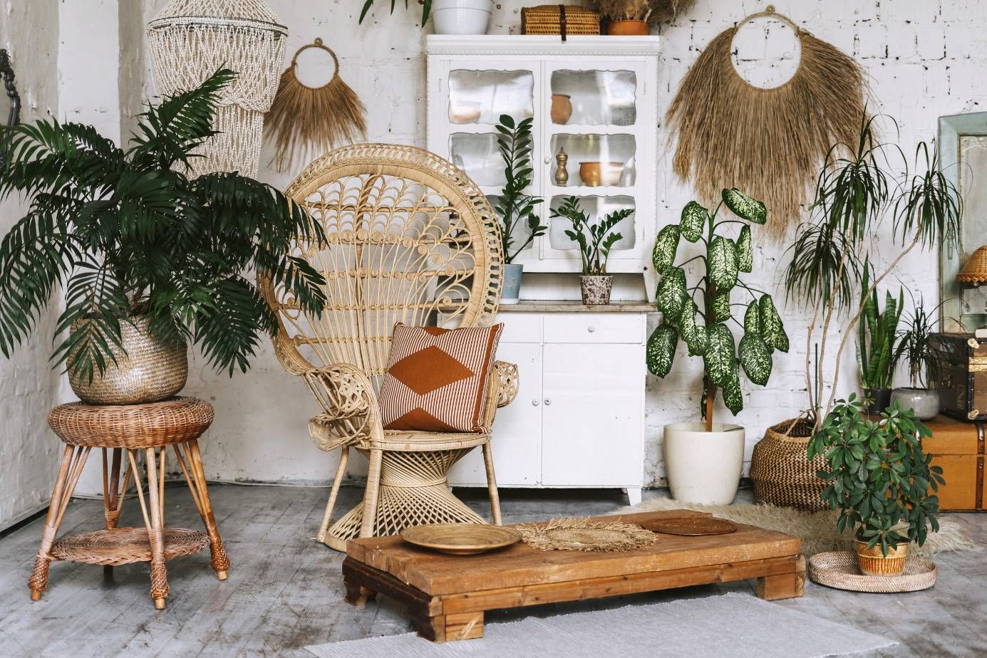 Bohemian living room with a wicker chair, woven decor, tropical plants, and a rustic coffee table.