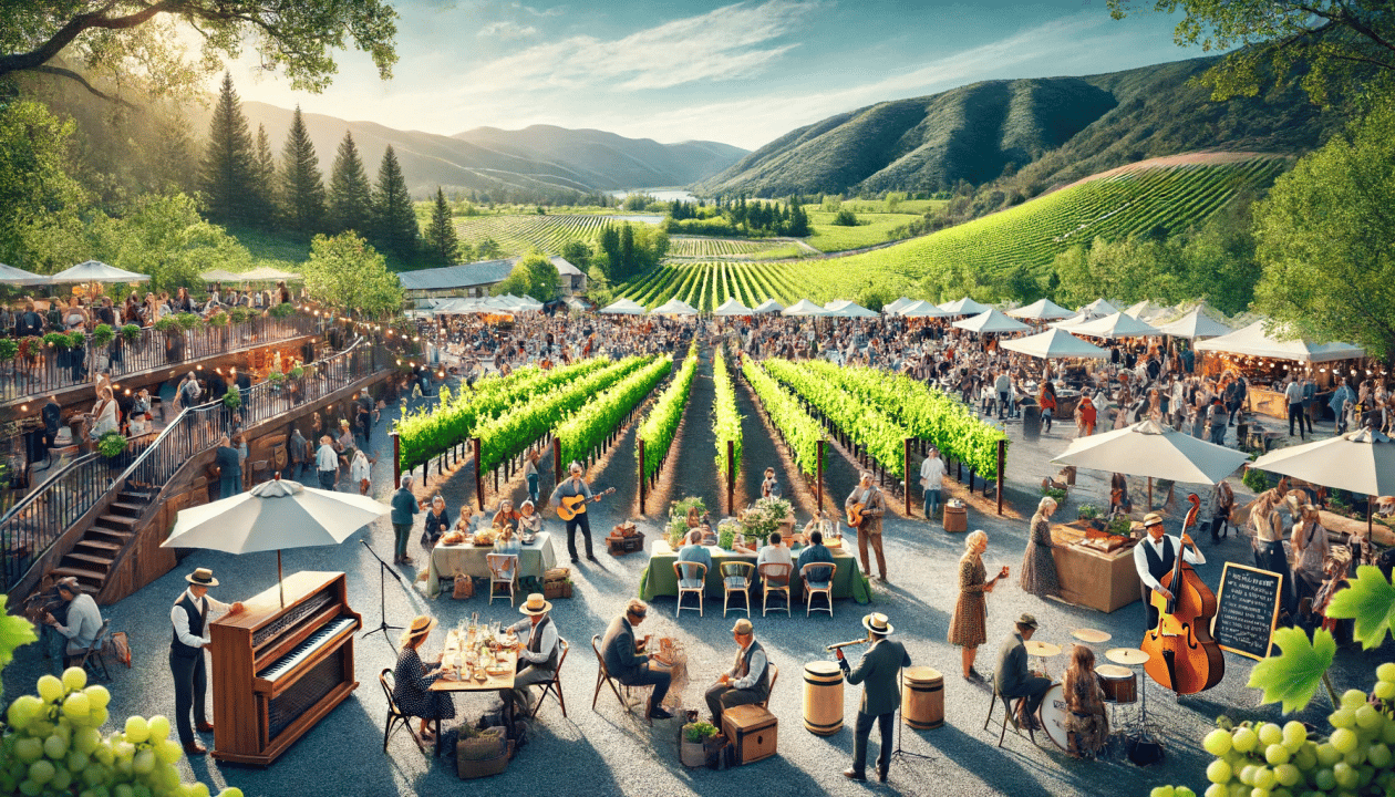 Vineyard festival with live music, food, and wine in a scenic valley.