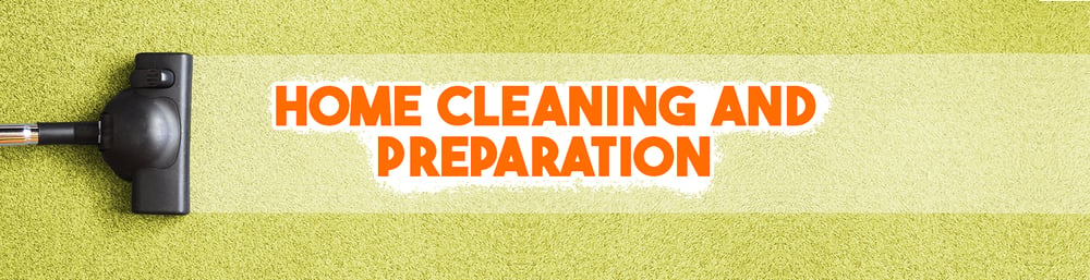 Home cleaning and preparation banner with a vacuum cleaner on green carpet.