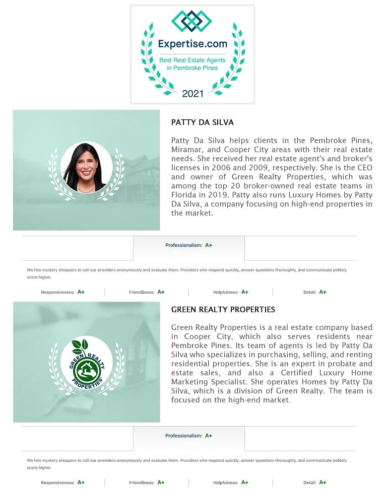 Green Realty Properties and Broker Patty Da Silva are honored to be recognized by Expertise.com 