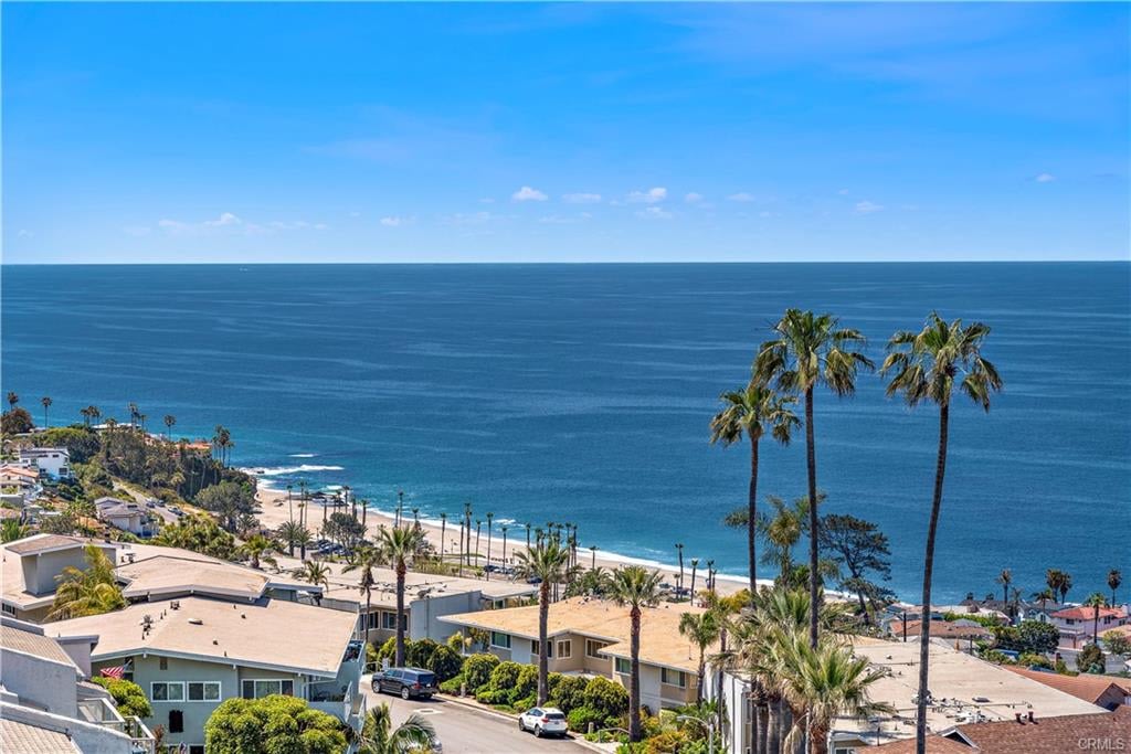 Pacific Ocean and beach viewed above coastal homes and palm trees.